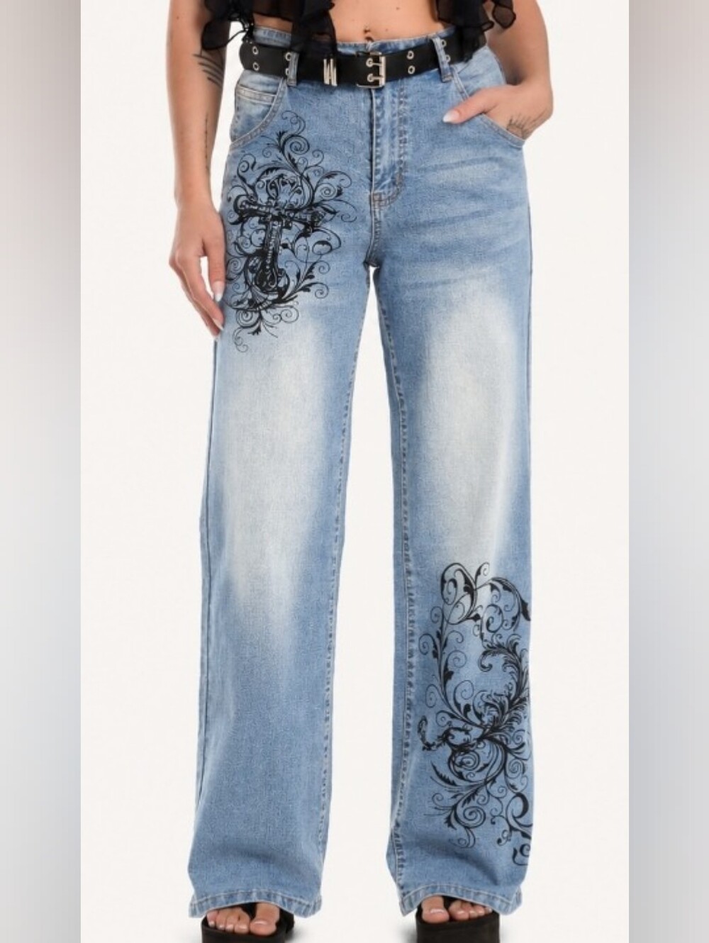 Gothic Cross Belted Wide Leg Jeans- Hot Topic